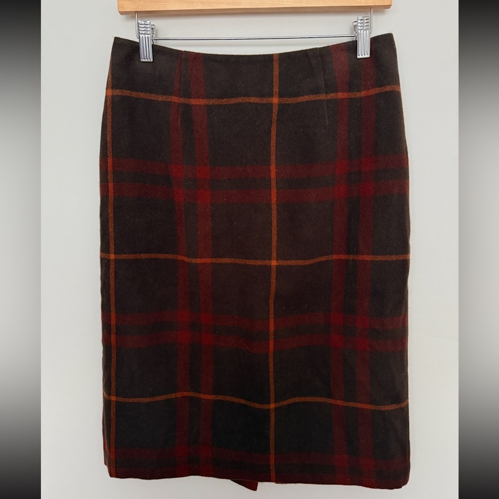 Vintage Plaid Acrylic Midi Skirt - Brown and Red Size 8